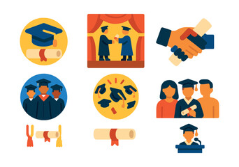 Fototapeta premium Flat vector icons of diploma ceremonies: graduation cap and diploma badge, diploma awarding stage icon, handshake with diploma award, group graduation photo badge, cap toss celebration badge, family