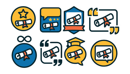 Flat vector icons of inspiring diploma quotes: diploma success quote badge, education achievement quote, learning journey quote badge, motivational quote with diploma scroll, lifelong learning motto