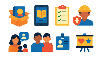 Flat vector icons of onboarding for first job: onboarding welcome kit badge, employee handbook app, first week checklist, workplace safety training, HR orientation session, buddy system mentor, ID