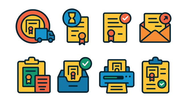 Flat vector icons of diploma tracking and updates: diploma shipping tracker badge, pending diploma issuance icon, issued diploma notification badge, diploma mailing update badge, status of diploma