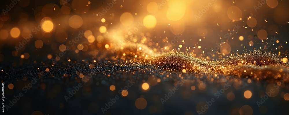 Poster abstract gold dust texture with sparkles on black background. glittering particles create shimmer, l