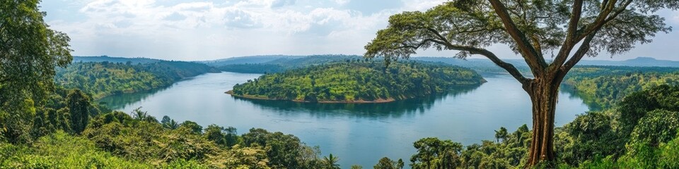 Vibrant Africa Wilderness: Lush Jungle Landscape with Majestic Trees and Serene River in Uganda