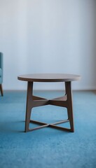 coffee table sitting on top of a blue carpet