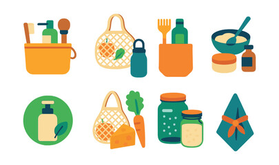 Flat vector icons of plastic-free living: plastic-free bathroom kit, reusable shopping essentials, zero waste starter pack, DIY personal care items, refill stations badge, plastic-free groceries