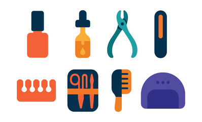 Fototapeta premium Flat vector icons of manicure and pedicure care: nail polish bottle, cuticle oil dropper, nail clipper tool, nail file board, toe separator icon, manicure kit case, nail care brush, professional nail