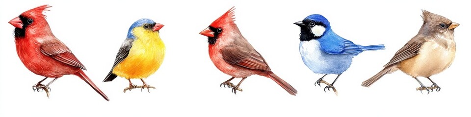 Fototapeta premium Vibrant Avian Collection: Watercolor Close-Ups of Cardinal, Bluebird, Goldfinch, Robin, and Wren in Natural Settings