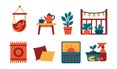 Obraz premium Flat vector icons of cozy balcony setups: hanging hammock chair, small table with coffee set, potted plants cluster, fairy lights over balcony, outdoor rug badge, cozy seating pillows, sunrise view