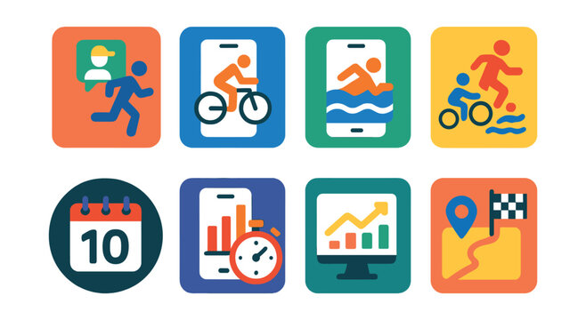 Flat vector icons of sports training apps: running coach app, cycling training program, swimming workout app, triathlon preparation plan, race day countdown badge, interval training app, track
