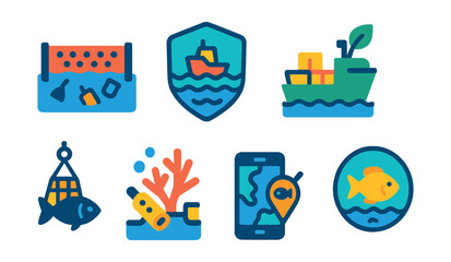 Flat vector icons of ocean conservation technologies: floating trash barrier, ocean clean-up project badge, eco-friendly shipping innovations, marine pollution tracking app, sustainable fishing