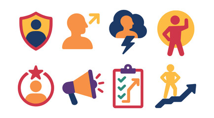 Flat vector icons of confidence and empowerment coaching: self-esteem coaching badge, bold decision-making guide, overcoming fear workshop, self-assertiveness training, courage to lead badge, voice