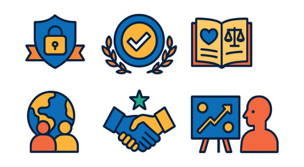 Fototapeta premium Flat vector icons of coaching values and ethics: coaching confidentiality badge, ethical coaching practices badge, integrity in coaching guide, respectful communication badge, cultural sensitivity