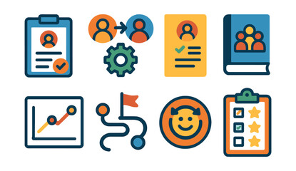 Flat vector icons of mentorship program structure: mentorship application form icon, mentor matching algorithm, mentee onboarding guide, mentorship program handbook, milestone tracking chart,
