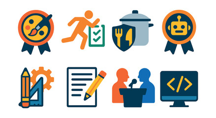 Fototapeta premium Flat vector icons of special skills exams: artistic skills exam badge, athletic performance assessment, culinary skills test icon, robotics competition badge, engineering design challenge, creative