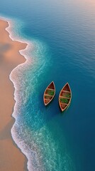 Coastal lifestyle in historic seaside towns, A serene view of two boats on a stunning turquoise beach. Scenic aerial views of rustic fishing villages by the sea