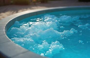 Fototapeta premium Bubbling jacuzzi with clear blue water creating relaxing spa mood. Selective focus on the water with bubbles, a perfect spot for wellness relaxation and leisure. Ideal spa resort background photo.