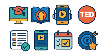 Flat vector icons of learning and self-education: online course enrollment badge, personal development book club, audiobook listening app, TED talk learning badge, lifelong learning goal tracker,