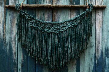 Intricate dark teal macrame wall hanging with fringe, mounted on rustic wooden dowel.
