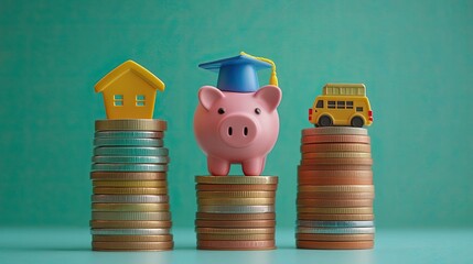 Piggy bank with graduation cap sits atop coins, flanked by house and bus models on coin stacks.  Savings goals concept