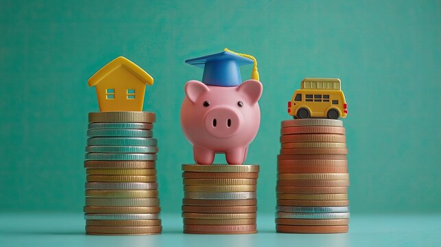 Piggy bank with graduation cap sits atop coins, flanked by house and bus models on coin stacks.  Savings goals concept