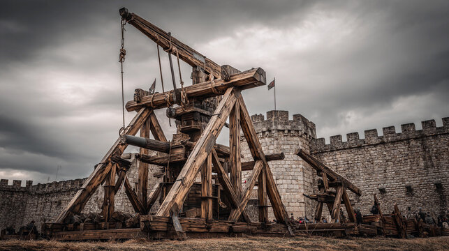 Wooden catapult stands tall near ancient castle walls under a dramatic sky during historical reenactment