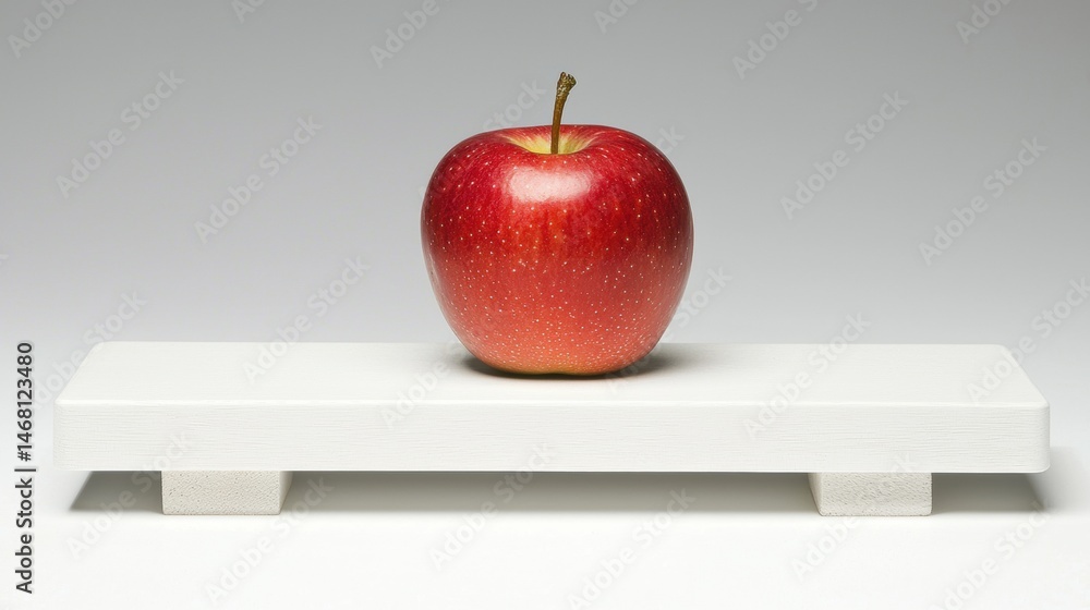 Poster a red apple with a stem sits on a white rectangular platform.