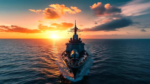 A European naval ship with a missile defense system mounted on its deck, positioned in calm seas with a vibrant sunset, symbolizing strength in global security and defense prepared