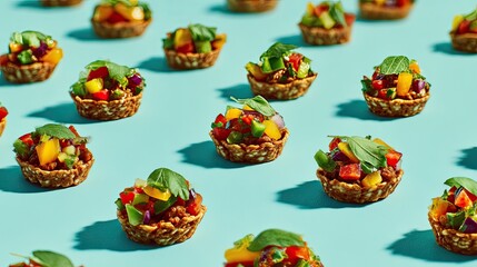 Fototapeta premium Tiny Taco Bites Colorful Appetizers on Blue Background Delicious Snack Idea.