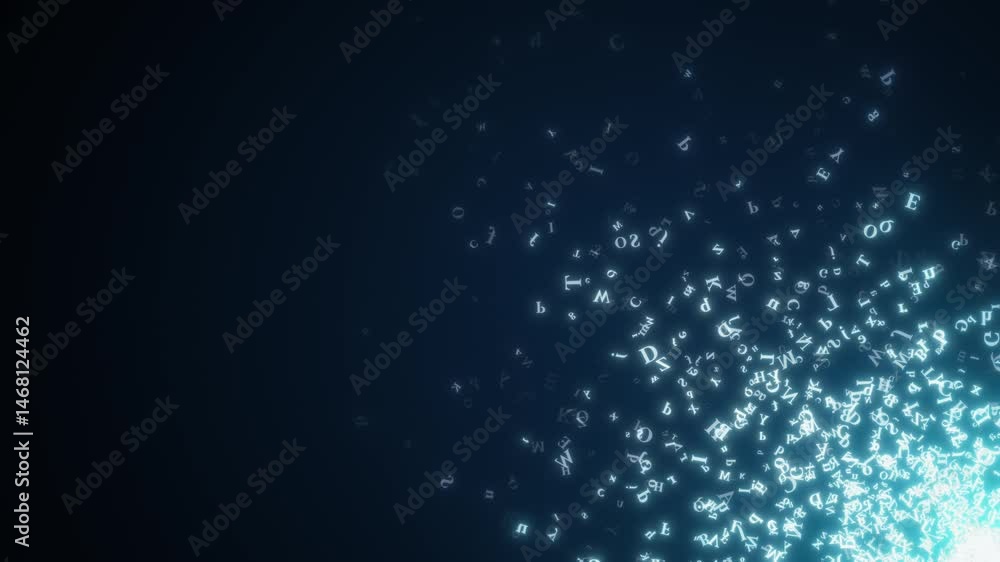 Fototapete abstract flying letters. appearing and disappearing letters with depth of field on a dark background