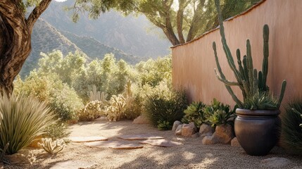 Sunny Desert Patio, Mountains Background, Peaceful Oasis, for Relaxation, or Vacation