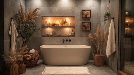 Modern bathroom with warm lighting and decor