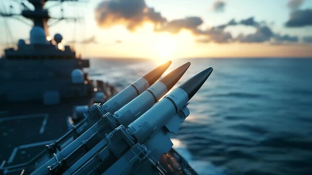A close-up of missiles mounted on an advanced European warship, poised for deployment as it cruises through open ocean waters, emphasizing global naval defense readiness.