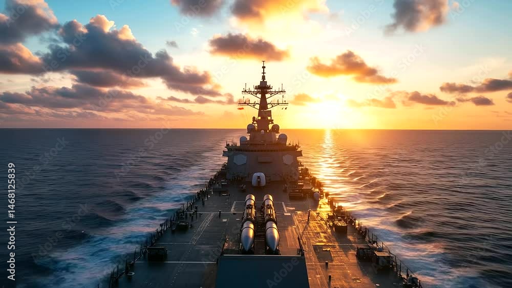 Poster an advanced european warship with missiles mounted on the deck, positioned in the vast expanse of op