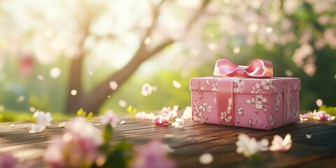 Pink Gift Box and Cherry Blossom Spring Blossom, Beautiful Gift Box Elegant Card for Valentine and Birthday Minimal Design for Party. Festive Decoration for Womens Day, Mothers Day.