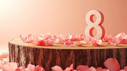 Podium with Pink Rose Leaf for Women International Day. Beautiful 8 March Gift Card. Product Presentation for Easter. Modern Wallpaper for Morhers Day. Minimalist Studio for Advertising of Product.