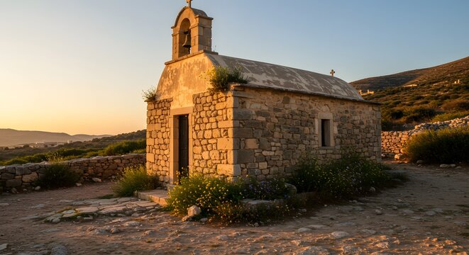 Stone Church at Sunset in Greek Islands Landscape Scenery