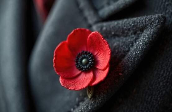 Close-up of artificial red poppy flower on coat lapel. Remembrance Day symbol, veteran memorial. November 11. Poppy pinned, black coat. Remembering fallen soldiers in war.