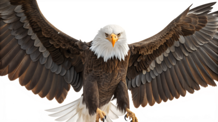 Majestic bald eagle soaring against a dark background showcasing wing span and feathers