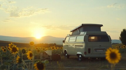 Vintage Campervan in Sunflower Field at Sunset