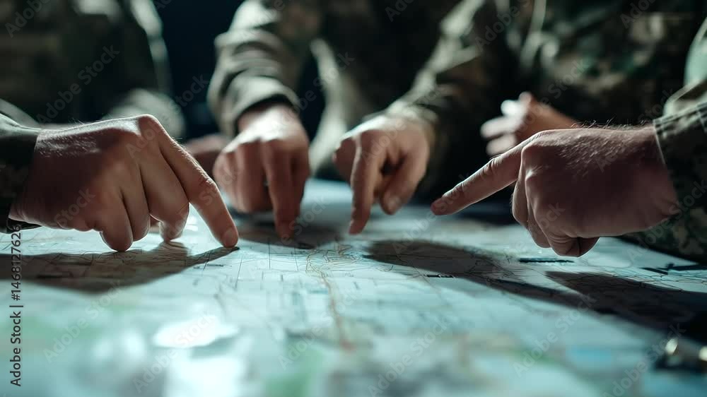 Poster a close-up of military hands pointing at a detailed tactical map, while commanders in uniform exchan
