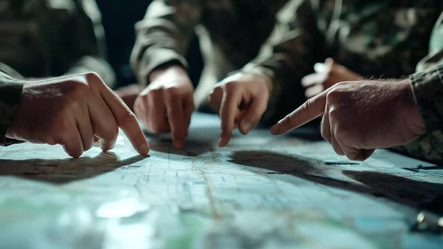 A close-up of military hands pointing at a detailed tactical map, while commanders in uniform exchange serious glances, determining the next phase of operations.
