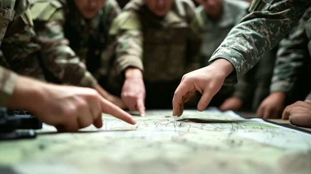 A close-up of military leaders in camouflage uniforms, pointing at key positions on a battlefield map inside a rugged command post filled with radios and tactical equipment.