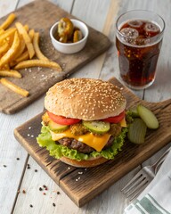 Juicy Cheeseburger with Fries and Soda on Rustic Wooden Table in Natural Light Top View
Cheeseburger Meal Photo, Burger and Fries Top View, Fast Food Lunch Setup, Rustic Burger Scene

