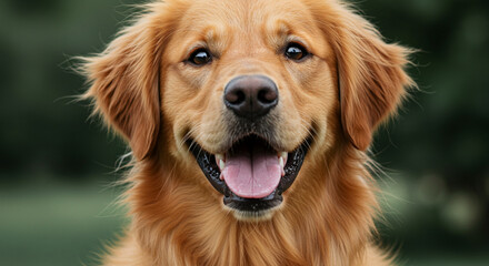 Golden retriever dog portrait happy face close up adorable pet animal canine friendly family dog breed outdoors