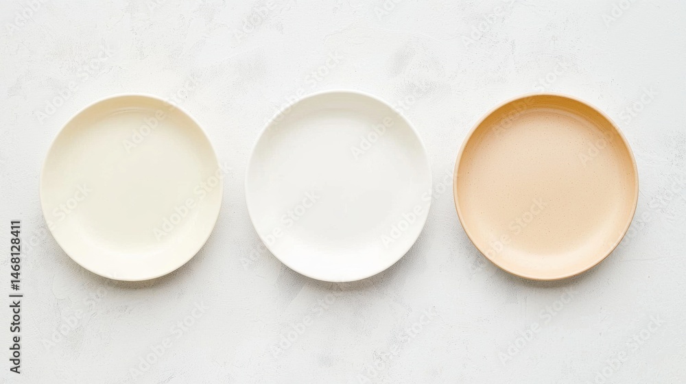 Poster three plates of different colors and shapes are arranged in a row.