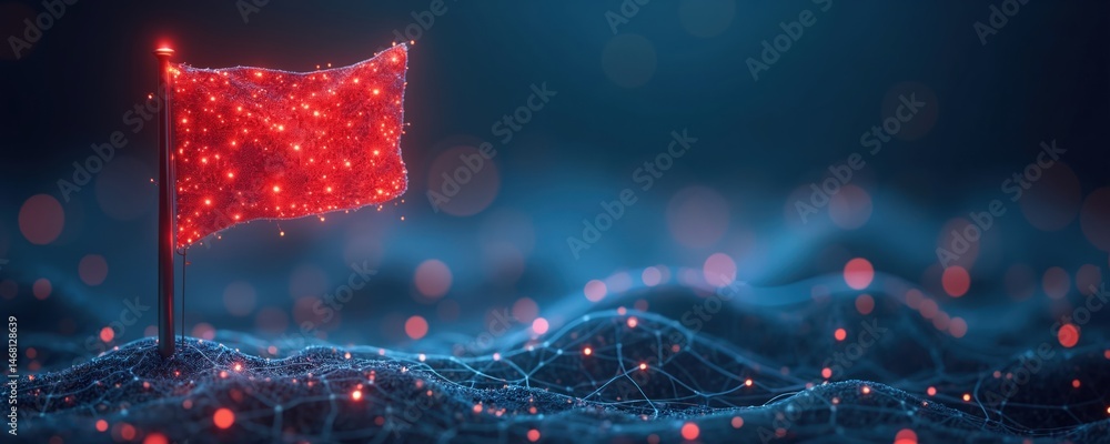 Poster Red glowing flag on network lines background. Abstract digital design with bokeh effect light. Tech, data, connection concept. Illustration digital design, futuristic style for tech, data, network