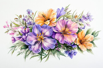 Obraz premium Delicate watercolor painting of mixed wildflowers in shades of purple, orange and pink with green foliage in loose botanical style 