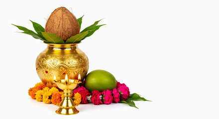 golden kalash pot for traditional Hindu Ganesha puja with coconut, mango leaf, marigold flower, in India known as Kumbh ghado for marriage and new home moving housewarming ceremonies, white background