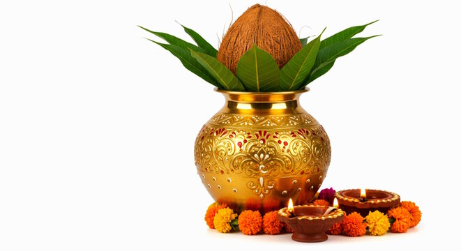 golden kalash pot for traditional Hindu Ganesha puja with coconut, mango leaf, marigold flower, in India known as Kumbh ghado for marriage and new home moving housewarming ceremonies, white background