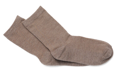 Pair of brown socks isolated on white, top view