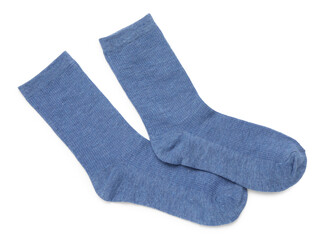Pair of blue socks isolated on white, top view